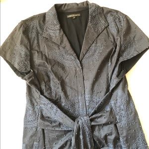 Lafayette 148 NY Navy Embroidered Button-up Top